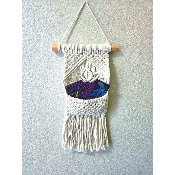 Lotus Macrame Wall Pocket - Boho Decor for Crystals, Tarot & Treasures20” Lon